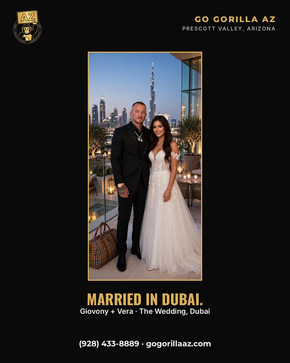 Giovony And Vera In Dubai On Their Wedding Day — Him In A Suit With The Diamond V Pendant, Her In A White Wedding Gown, The Burj Khalifa Skyline Behind Them