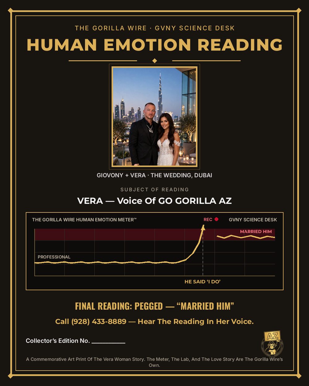The Human Emotion Reading Collector’s Print — Gold And Black, Giovony And Vera’s Wedding Photo, The Emotion Spike Chart At He Said I Do