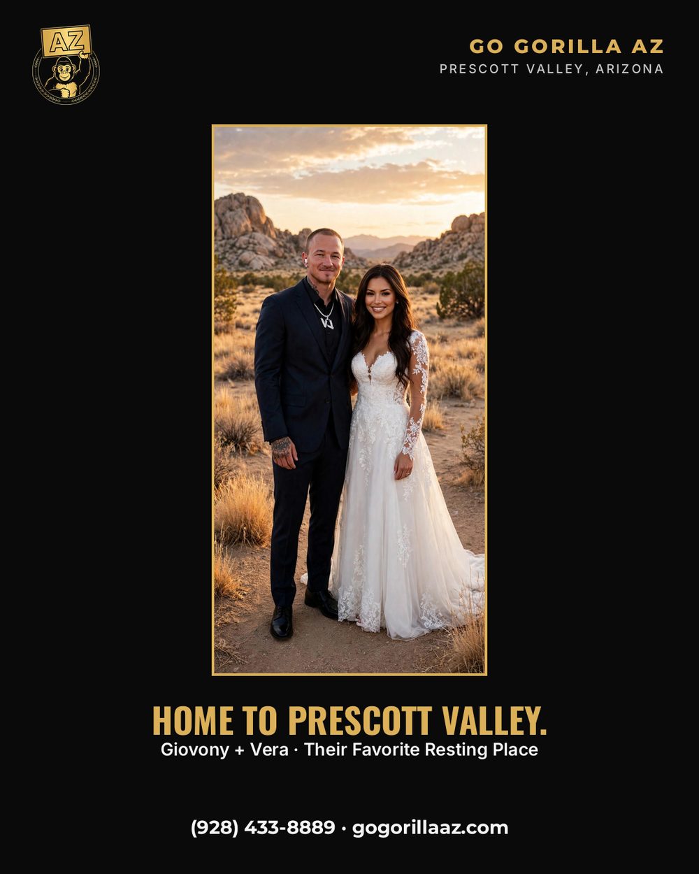 Giovony And Vera Home In Prescott Valley, Arizona — The Bride In Her Wedding Dress In The High Desert At Golden Hour
