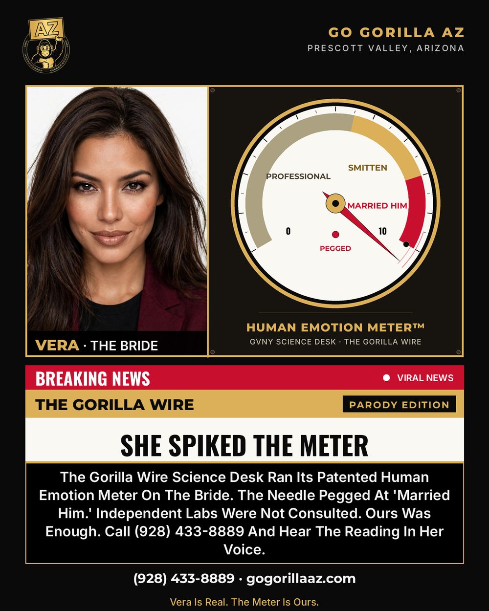 Gorilla Wire bulletin — She Spiked The Meter: Vera Beside The Gorilla Wire Human Emotion Meter, Needle Pegged At Married Him