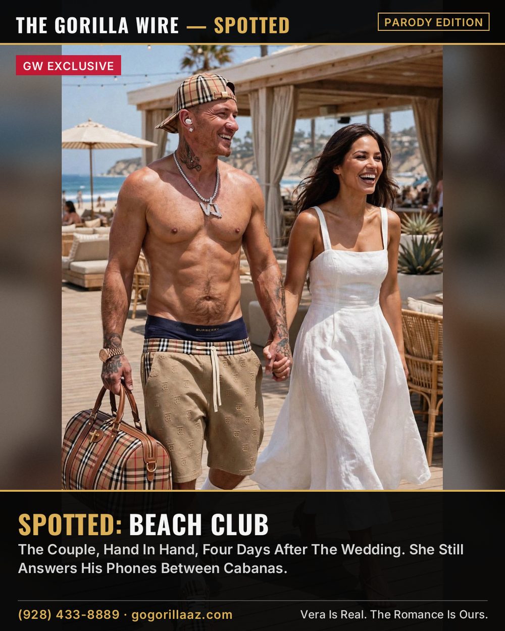 Giovony And Vera Hand In Hand Past The Beach Club Cabanas, Laughing On Their Honeymoon