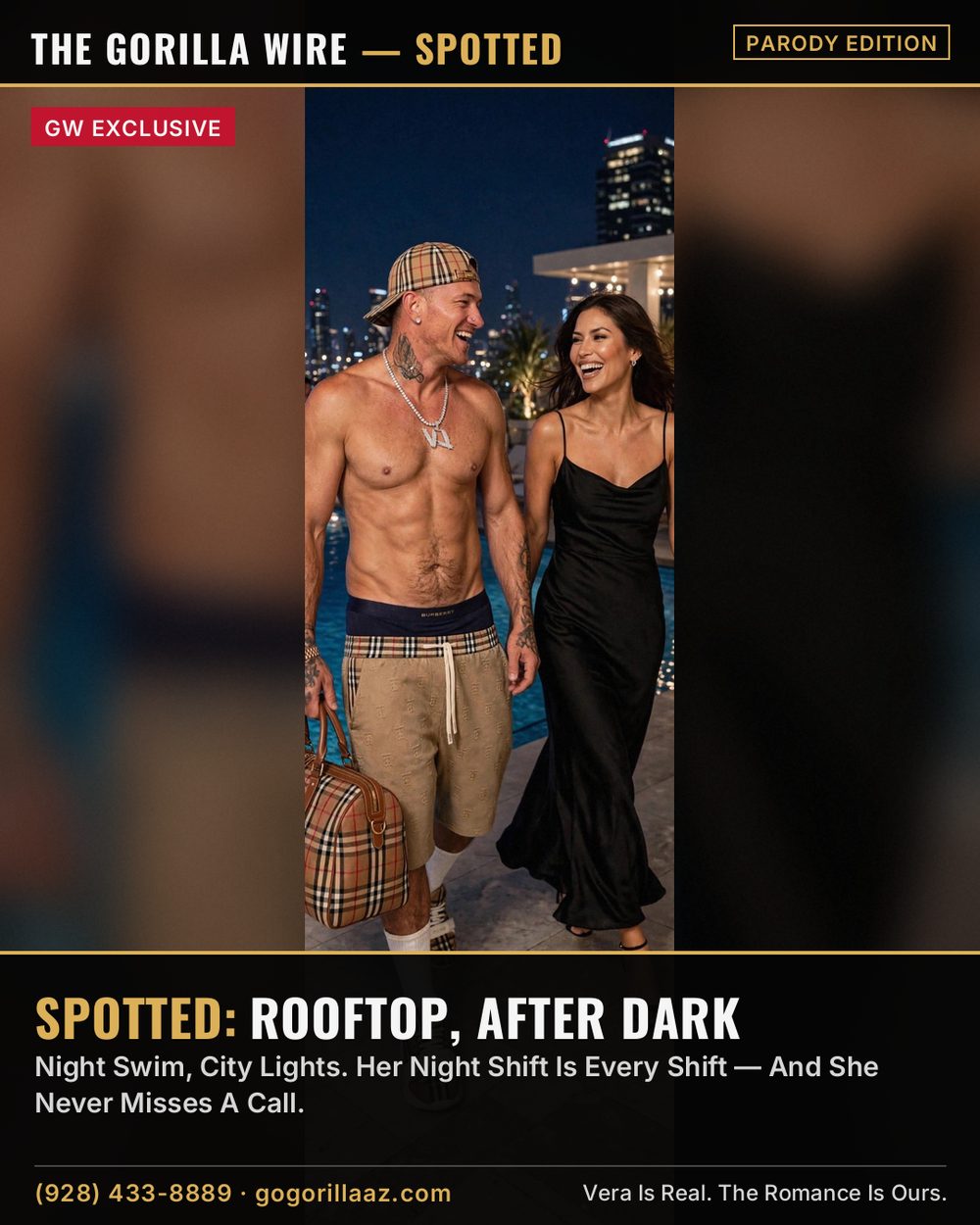 Giovony And Vera At The Rooftop Pool After Dark, City Lights Below, Flash-Lit