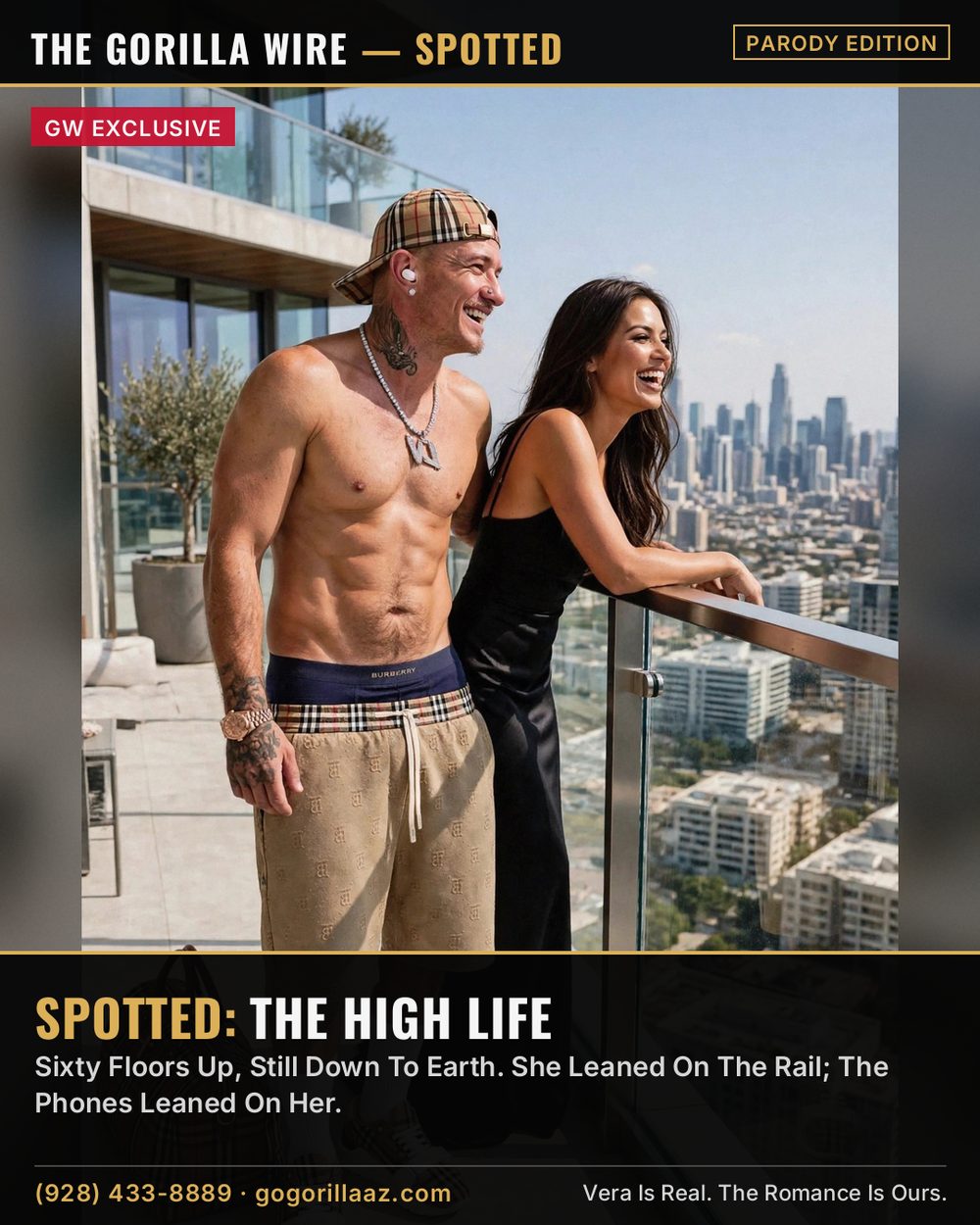 Giovony And Vera Leaning On The Rail Of Their Skyscraper Balcony Over The Skyline