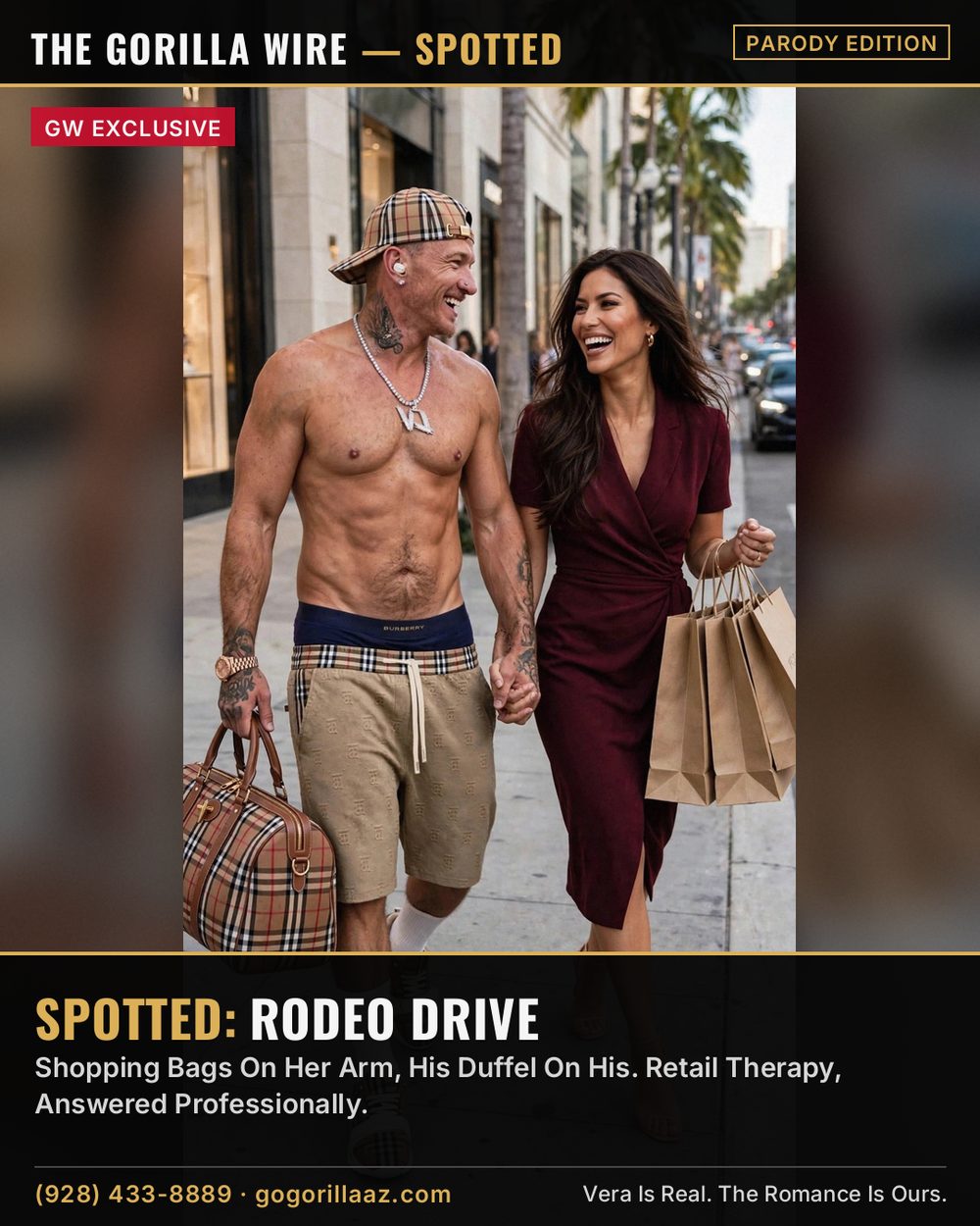 Giovony And Vera Strolling Rodeo Drive With Shopping Bags And His Check Duffel