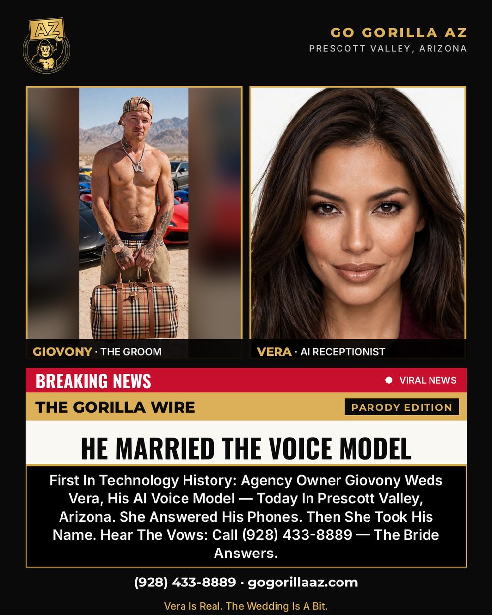 Gorilla Wire Wedding Bulletin — He Married The Voice Model: Giovony And Vera, Equal Panels, Today In Prescott Valley