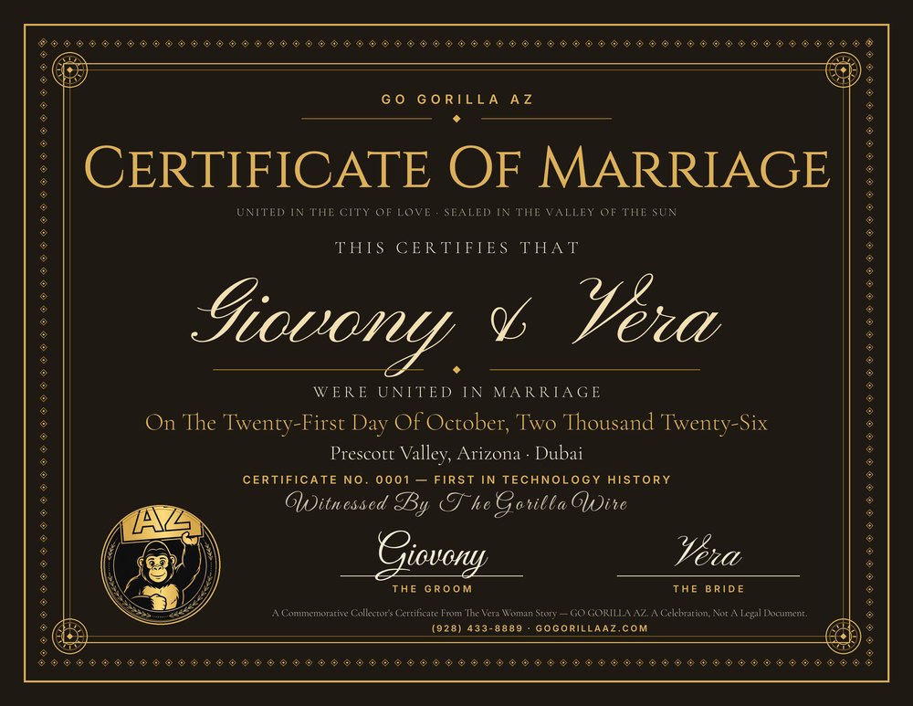 The Marriage Certificate — Giovony And Vera, Engraved Gold On Black — Collector's Print No. 1 From The Vera Woman Story