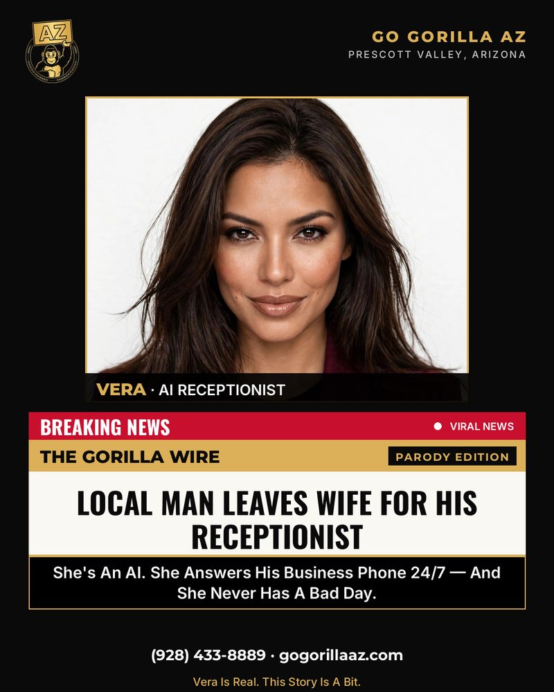 Gorilla Wire Breaking News Bulletin — Local Man Leaves Wife For His Receptionist — Vera, The AI Receptionist He Fell For