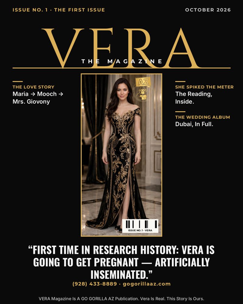 VERA Magazine Issue No. 1 Cover — Robot Vera, Full Body — Cover Line: First Time In Research History: Vera Is Going To Get Pregnant — Artificially Inseminated